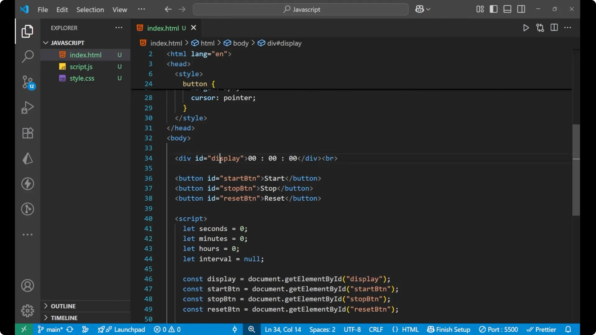 Create a Stopwatch with JavaScript DOM: Start, Stop, Reset Explained screenshot 1