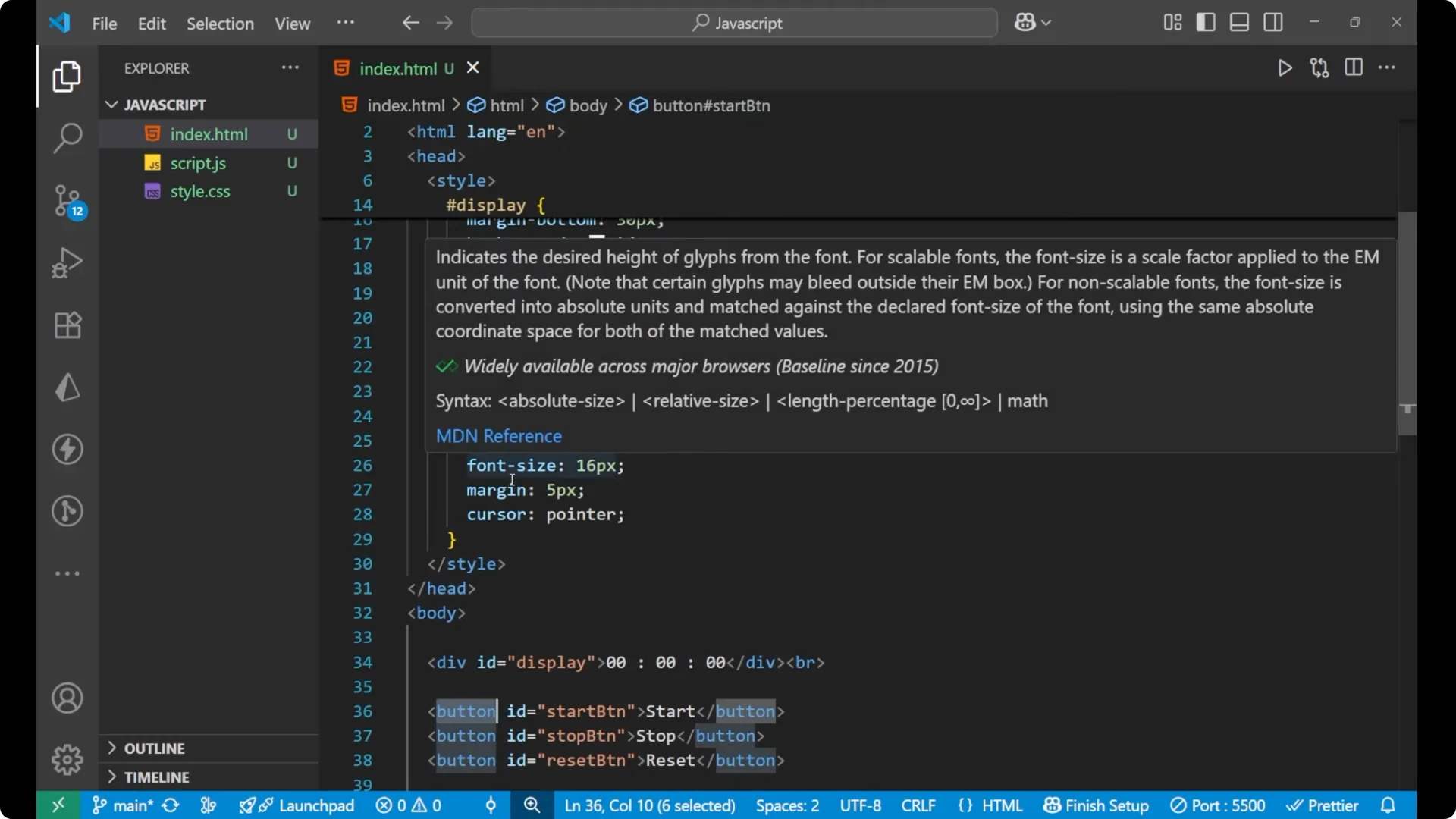 Create a Stopwatch with JavaScript DOM: Start, Stop, Reset Explained screenshot 11