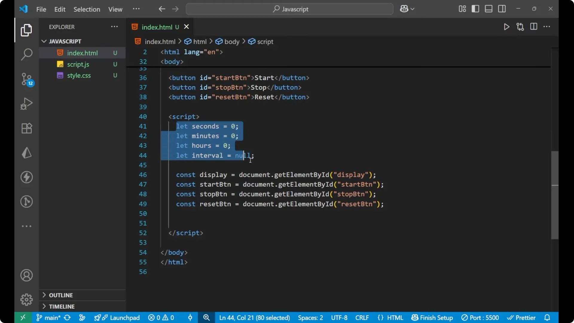 Create a Stopwatch with JavaScript DOM: Start, Stop, Reset Explained screenshot 16