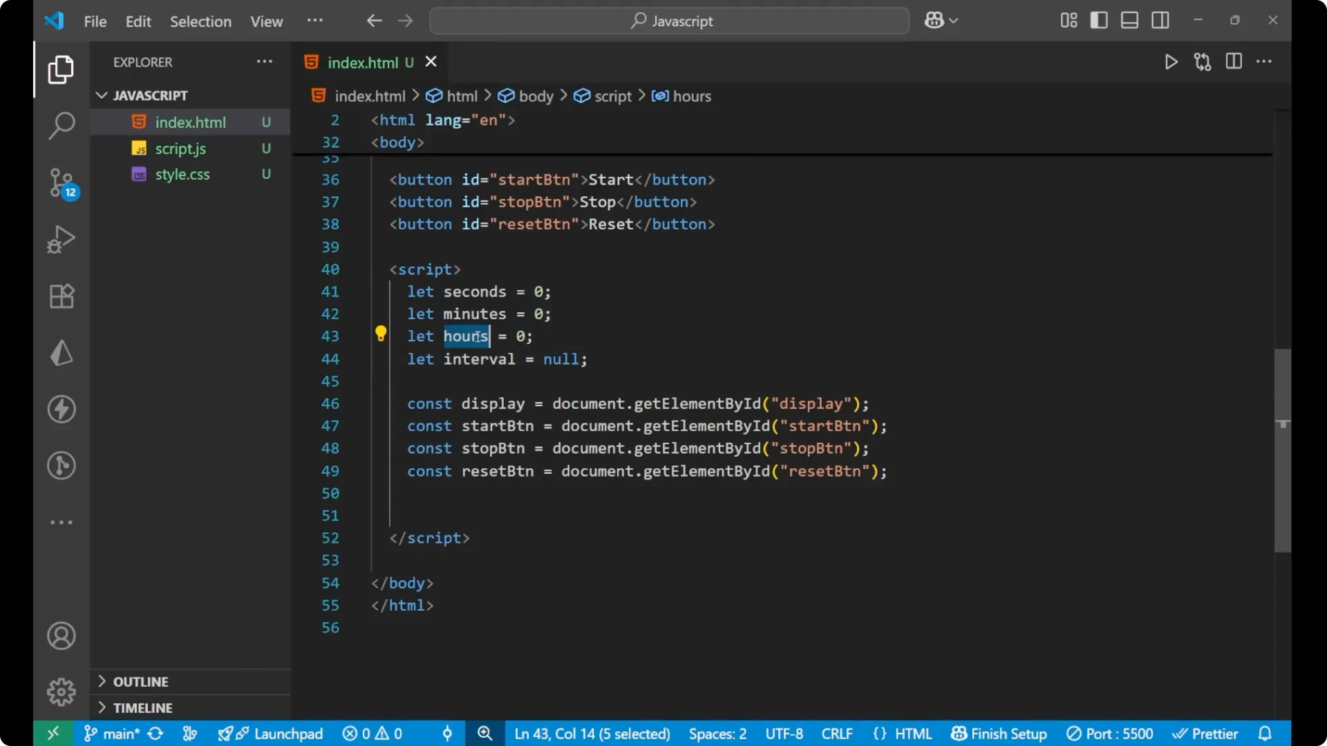 Create a Stopwatch with JavaScript DOM: Start, Stop, Reset Explained screenshot 17