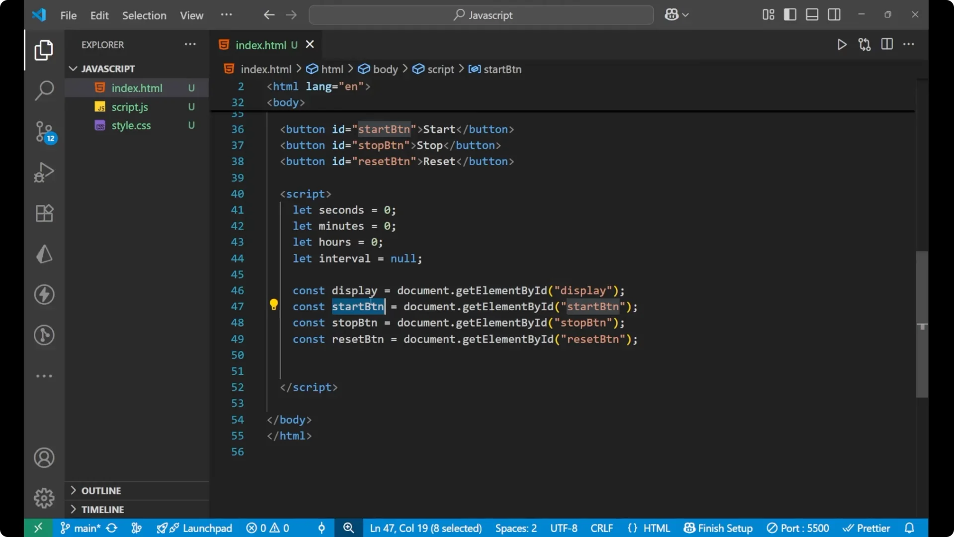 Create a Stopwatch with JavaScript DOM: Start, Stop, Reset Explained screenshot 20