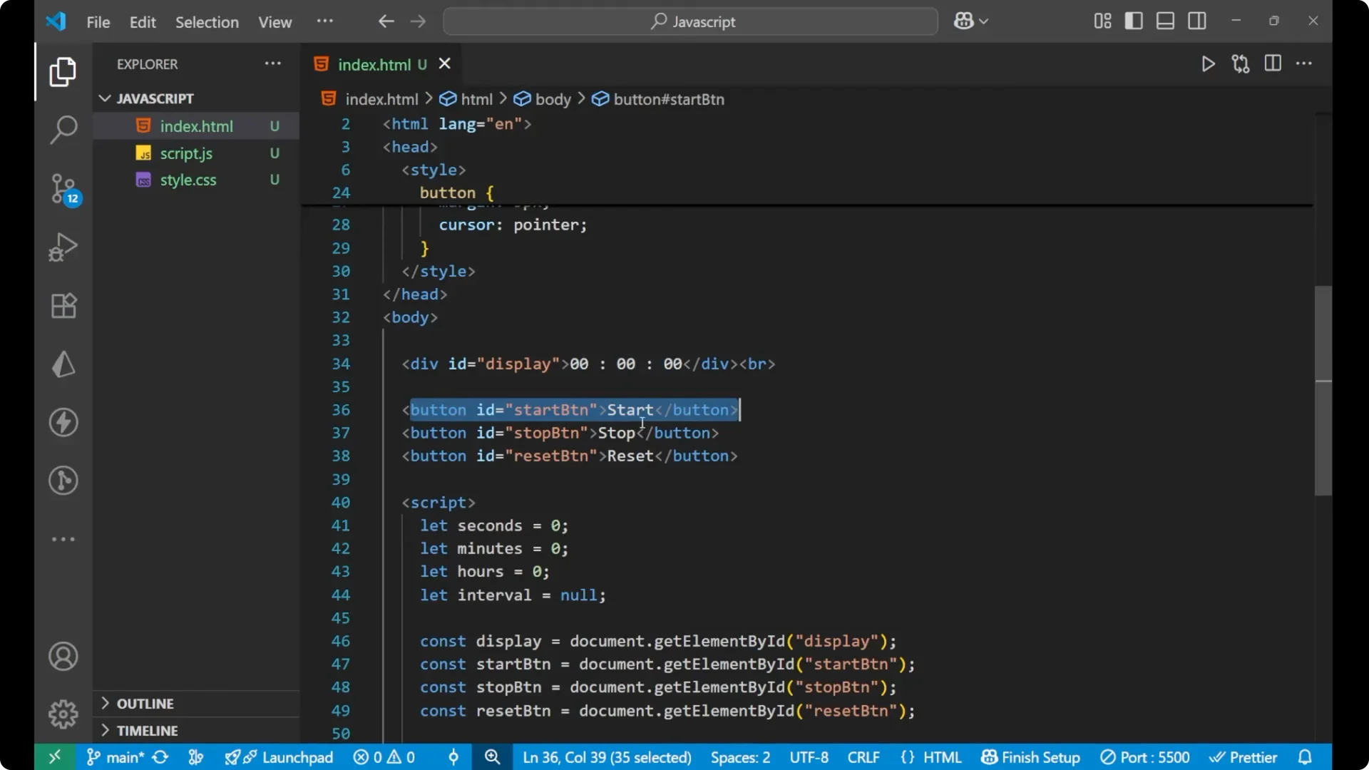 Create a Stopwatch with JavaScript DOM: Start, Stop, Reset Explained screenshot 4