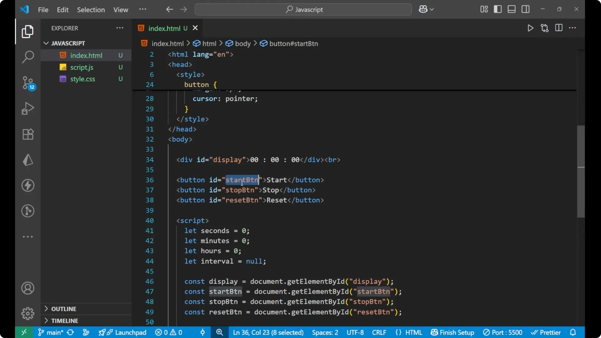 Create a Stopwatch with JavaScript DOM: Start, Stop, Reset Explained screenshot 5