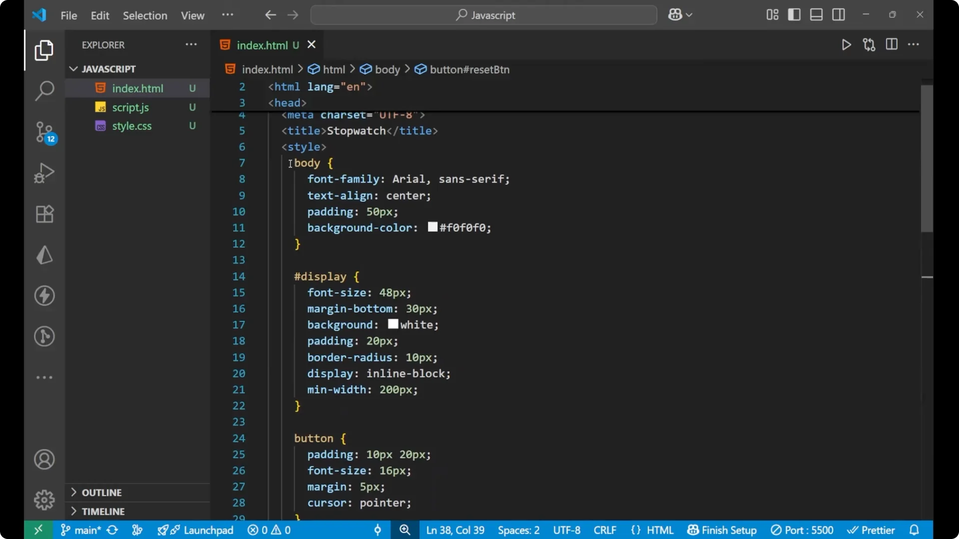 Create a Stopwatch with JavaScript DOM: Start, Stop, Reset Explained screenshot 6